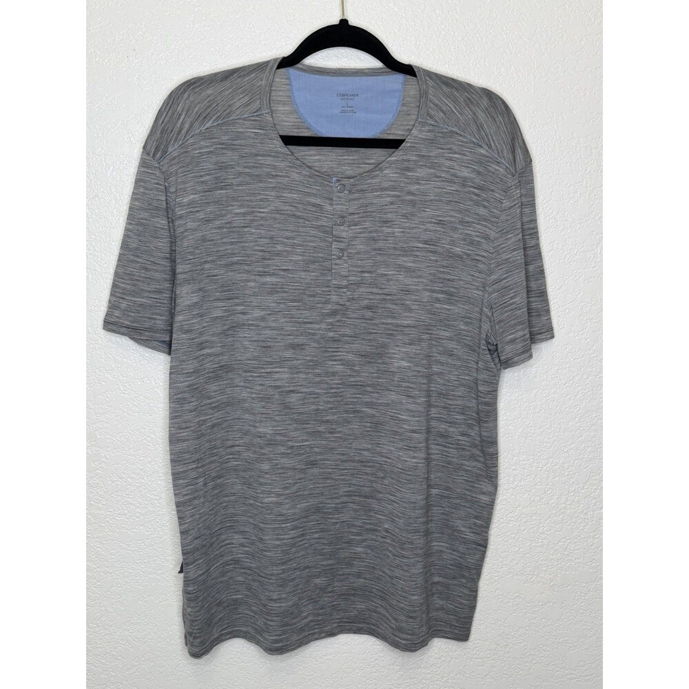 Icebreaker Mens Short Sleeve Henley Wool Blend Shirt Sz L Gray Camping Hiking